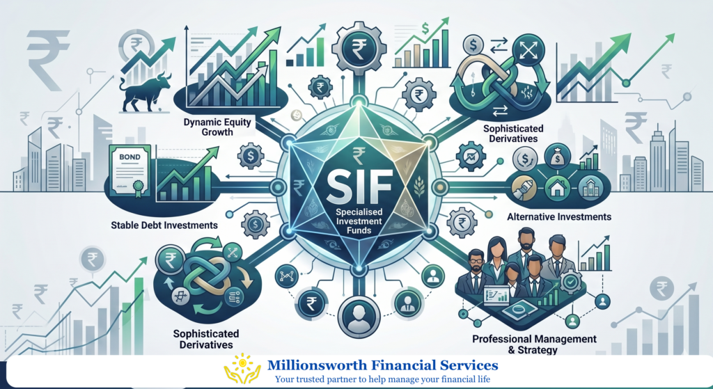 An infographic illustrating the core components of Specialised Investment Funds (SIFs). A central SIF hub connects to five key investment strategies: Dynamic Equity Growth, Stable Debt Investments, Sophisticated Derivatives, Alternative Investments, and Professional Management. The bottom banner features the Millionsworth Financial Services branding and ARN-171940.