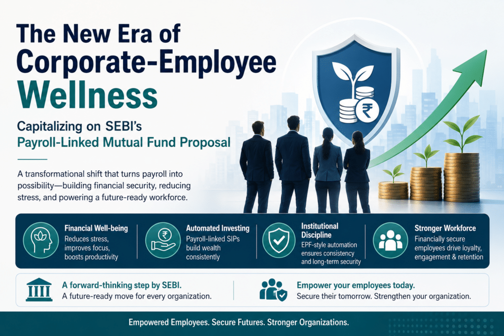 Illustration of corporate professionals standing beside a rising financial growth graph, shield icon, and growing investment stacks, representing payroll-linked mutual fund investing and employee financial wellness under SEBI’s proposed framework.