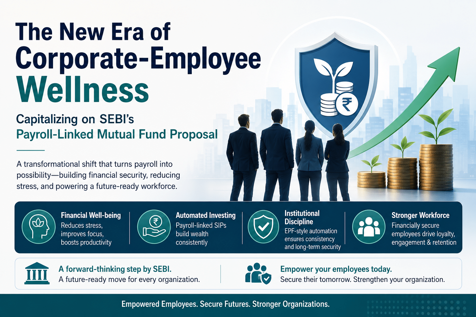 Illustration of corporate professionals standing beside a rising financial growth graph, shield icon, and growing investment stacks, representing payroll-linked mutual fund investing and employee financial wellness under SEBI’s proposed framework.